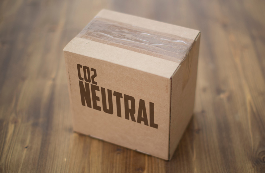 Cardboard box with CO2 Neutral Printed on it